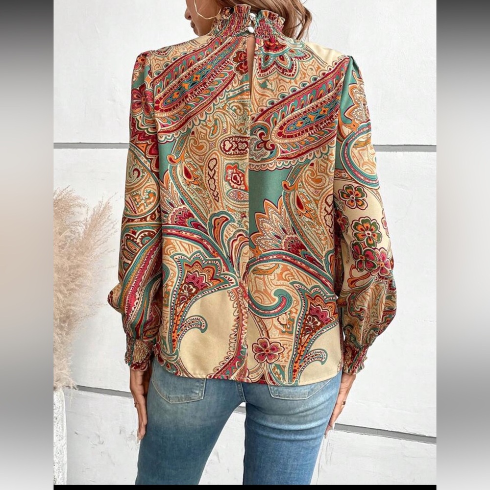 Paisley Print Mock Neck Lantern Sleeve Blouse - Picture 4 of 7